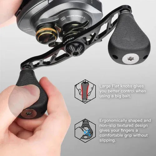 Eine Hand greift den Gomexus Power Handle mit Flat Knob 110 mm (7 x 4 mm). Große, ergonomische TPE-Knöpfe sorgen für bessere Kontrolle und einen komfortablen, rutschfesten Griff. Kleine Diagramme zeigen die wichtigsten Funktionen. Marke: Gomexus.