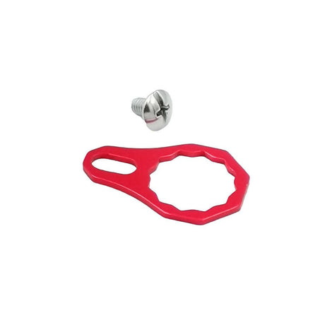Eine kleine silberne Schraube und eine rote RL-Angelrollentuning-Kontermutterplatte | verschiedene Farben, aus eloxiertem Aluminium mit runder Mittelöffnung und länglichem Schlitz, isoliert auf weißem Hintergrund.