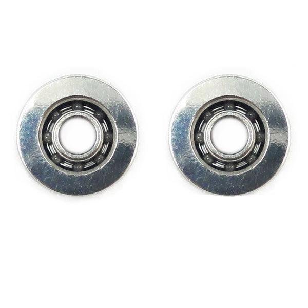 Zwei Metallkugellager aus dem Hedgehog Studio "Kattobi" Tuning Kit Keramik Kugellager (Daiwa 1030 & 1030 Air) stehen nebeneinander auf weißem Untergrund. Jedes Flanschlager hat sichtbare Kugeln, ideal für Baitcasterrollen-Upgrades.