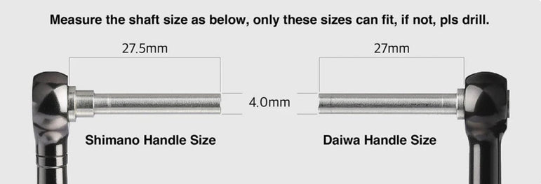 Das Diagramm zeigt zwei Angelrollengriffe: links Shimano mit 27,5 mm x 4,0 mm Schaft, rechts Daiwa mit 27 mm x 4,0 mm Schaft - beide perfekt für die Aufrüstung mit dem Gomexus 30 mm TPE-L Knopf von Gomexus.