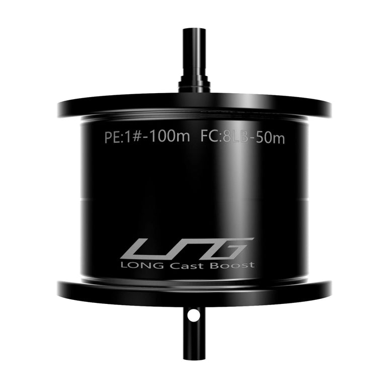 Eine schwarze Gomexus Flachspule für Shimano 20 & 22 Metanium, aus Aluminium für BFS-Tuning, zeigt Linienkapazität: PE 1#-100m, FC 8LB-50m. Das Produkt trägt die Aufschrift 