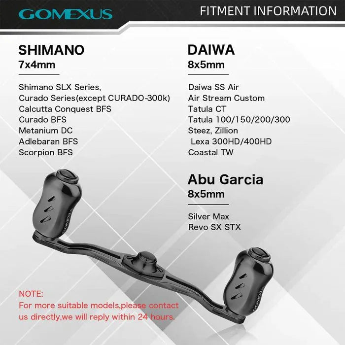 Der Gomexus Kage Titanium Handle mit 22 mm Titanium Knobs (8x5mm) ist ultraleichtes Angelzubehör, kompatibel mit Shimano, Daiwa und Abu Garcia; Bilder zeigen Modelle und Passformdetails je Marke.