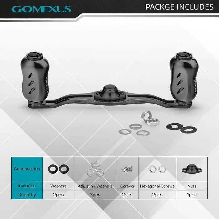 Das Gomexus Kage Titanium Handle mit 22-mm-Titan-Knobs wird zusammen mit 2 Unterlegscheiben, 3 Anpassungs-Unterlegscheiben, 2 Schrauben, 2 Sechskantschrauben und 1 Mutter geliefert – perfekt für ultraleichtes Angelzubehör.