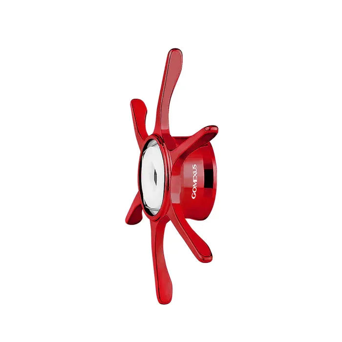 Die Gomexus Sternbremse 60 mm | Shimano ist ein roter, spinnenförmiger Küchentimer mit sechs Beinen und einem zentralen silbernen Ziffernblatt mit der Aufschrift Gomexus, das einzigartige Designelemente vor einem schlichten weißen Hintergrund zeigt.