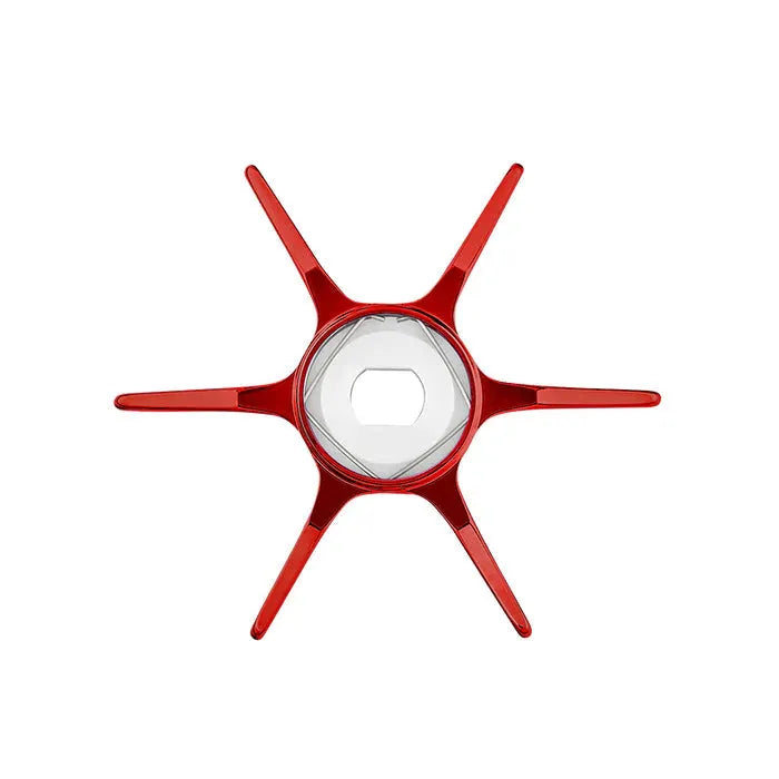 Draufsicht auf die Gomexus Sternbremse 60 mm | Shimano, ein rotes, sechsarmiges Kunststoffzubehör mit einem transparenten sechseckigen Zentrum von Gomexus, dargestellt vor einem weißen Hintergrund.