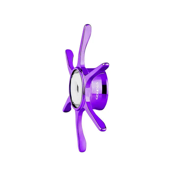 Die Gomexus Sternbremse 60 mm | Shimano ist ein lilafarbener, spinnenförmiger Fidget Spinner mit sechs gebogenen Armen und einem silbernen Zentrum, inspiriert von Shimano Design, dargestellt vor einem weißen Hintergrund. Marke: Gomexus.
