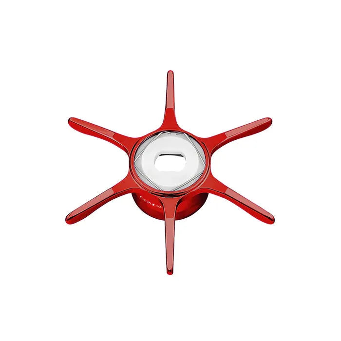 Eine rote Gomexus Sternbremse 60 mm für Shimano mit sechs Aluminiumzinken und einem runden Zentrum mit einem Flaschenöffner aus Metall, dargestellt auf weißem Hintergrund.