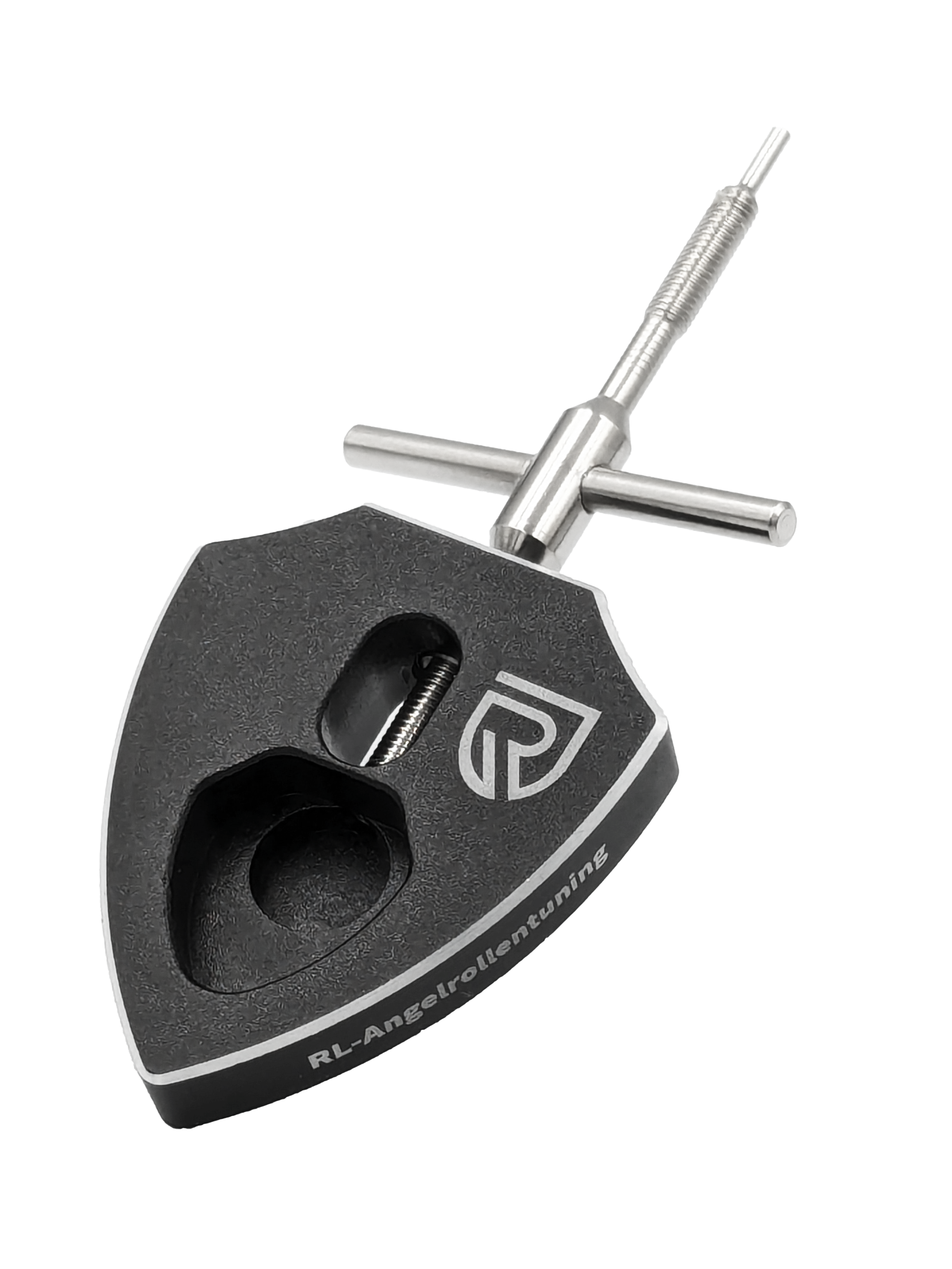 Der RL-TNG Spool Bearing Pin Remover mit Kreuzschlüssel von RL-Angelrollentuning ist ein robustes Werkzeug in Schwarz-Silber mit großem Cutout, Gravurlogo und Schraubmechanismus – perfekt für Angelrollen Tuning und Baitcaster Reparatur.