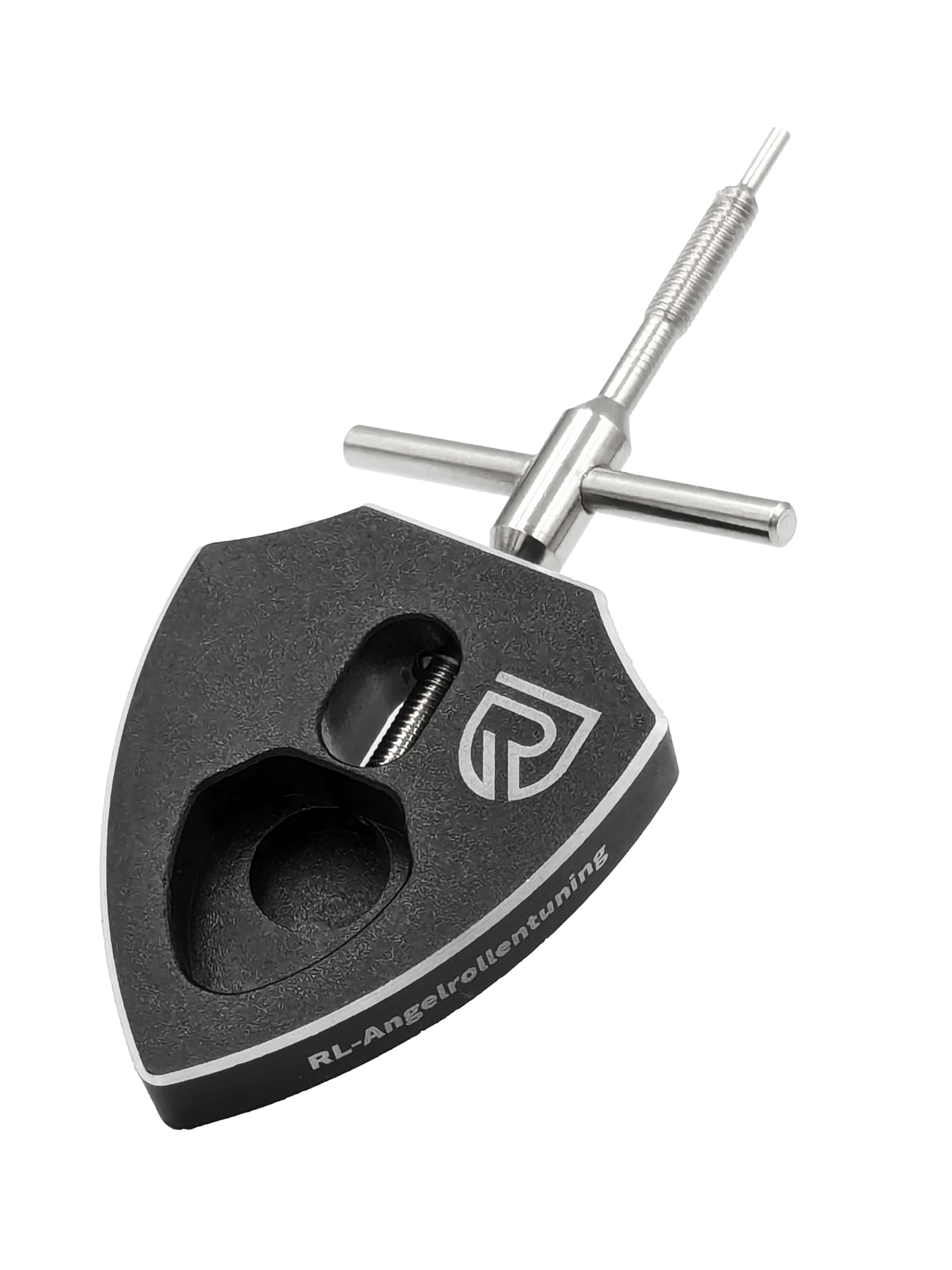 Der RL-TNG Spool Bearing Pin Remover mit Kreuzschlüssel von RL-Angelrollentuning ist ein robustes Werkzeug in Schwarz-Silber mit großem Cutout, Gravurlogo und Schraubmechanismus – perfekt für Angelrollen Tuning und Baitcaster Reparatur.