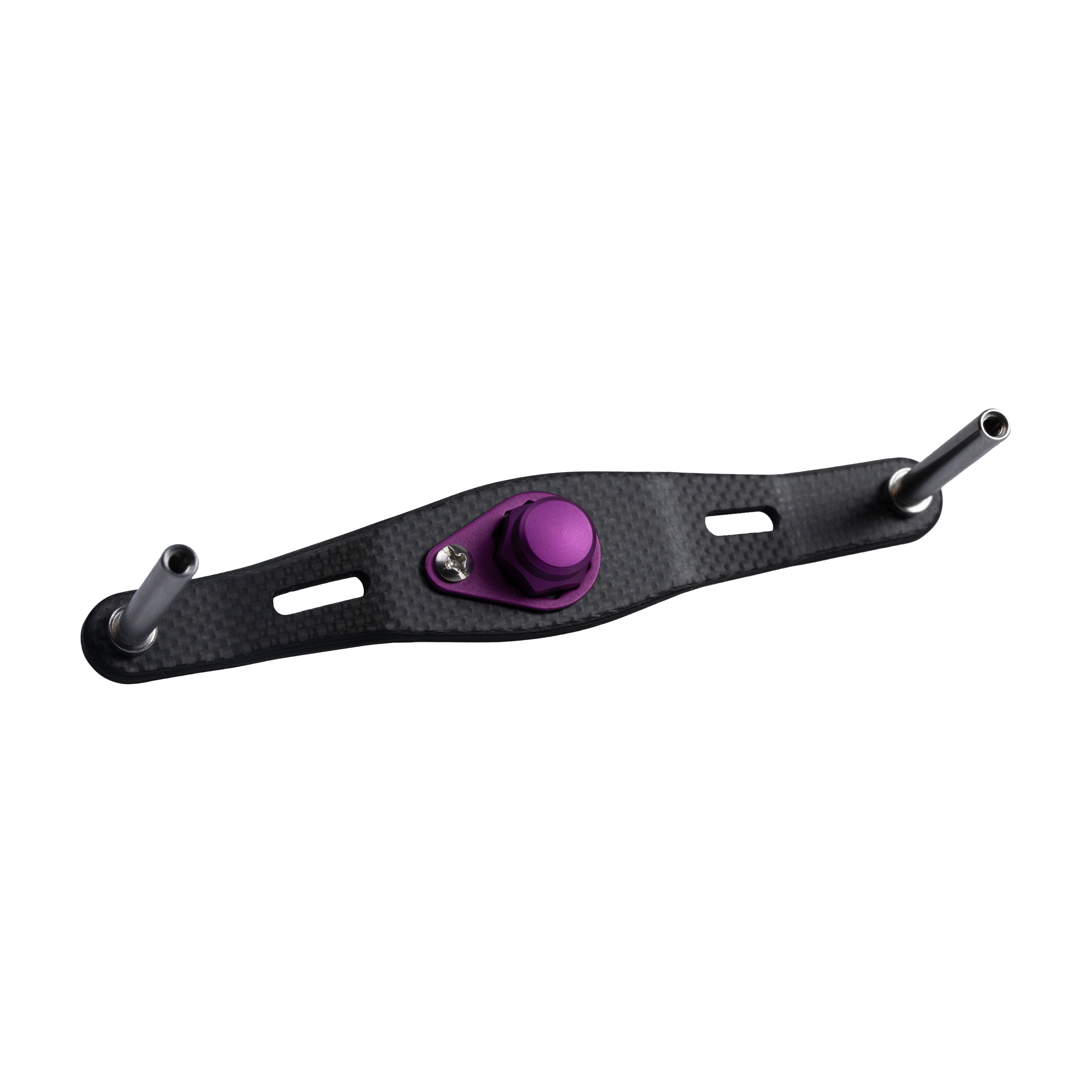 Der RL-TNG WLF 95 Carbon Handle von RL-TNG bietet maximale Stabilität mit zwei Metallstangen und einem zentralen lila Knopf, der durch eine silberne Schraube gesichert ist – ideal als Baitcaster-Kurbel-Upgrade, abgebildet auf weißem Hintergrund.