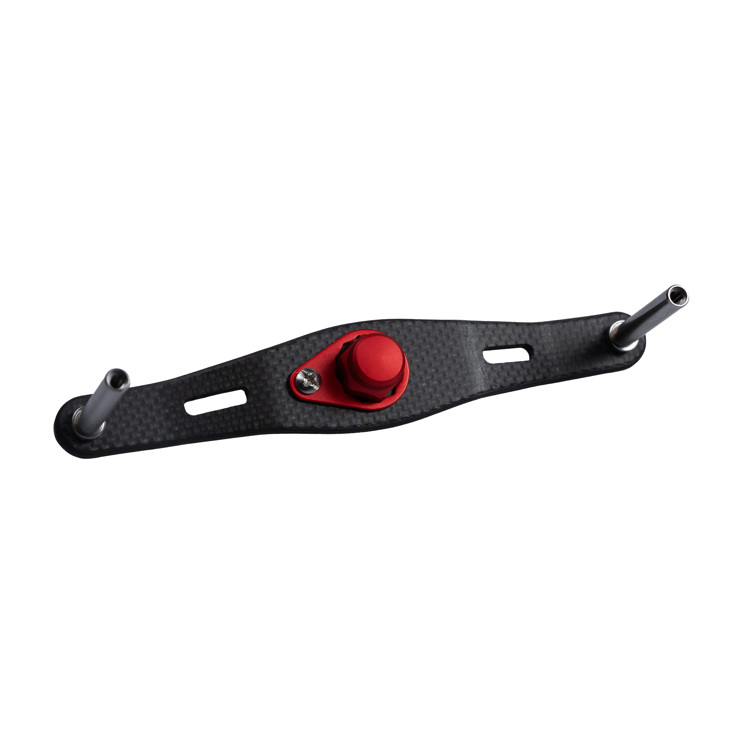 Der RL-TNG WLF 95 Carbon Handle | Baitcaster-Kurbel von RL-TNG in Rot bietet maximale Stabilität mit einer Carbon-Montagehalterung, zwei abgewinkelten Metallstangen pro Ende, einem zentralen roten Knopf, einer Schraube und zwei länglichen Schlitzen neben dem Knopf.