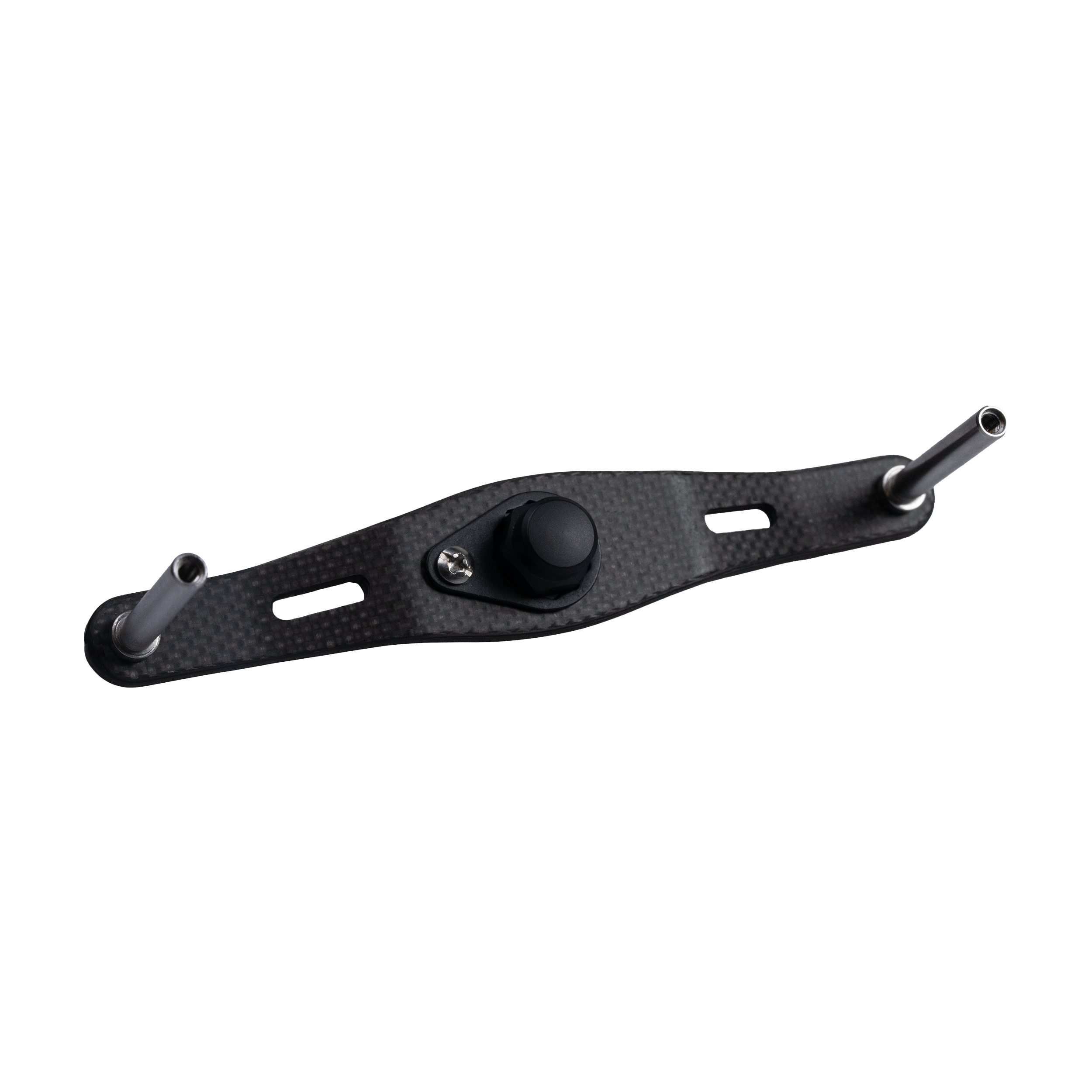 Die RL-TNG WLF 95 Carbon Handle | Baitcaster-Kurbel von RL-TNG in Schwarz verfügt über eine Carbonhalterung, zwei Metallstangen an jedem Ende und einen schwarzen Einstellknopf – für maximale Stabilität bei Baitcaster-Setups. Abbildung auf weißem Hintergrund.