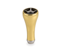 Ein Taken A7 Knauf 50mm Tuning Aluminium Knauf für Shimano & Daiwa Angelrollen von Taken, in zartem Gold, mit einem konischen Metalldesign mit einer runden schwarzen Spitze mit vier Löchern, wird vor einem schlichten weißen Hintergrund gezeigt.