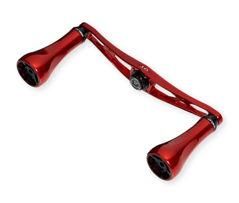 Der Taken GT106 Handle - Power Handle aus Duraluminium in Rot mit zwei A7 Knobs und mittiger Befestigungsöffnung von Taken, passend für Shimano & Daiwa, ist auf weißem Hintergrund abgebildet.