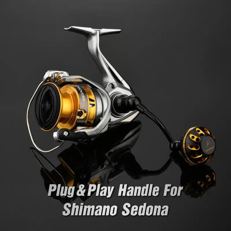 RL - Angelrollentuning - Gomexus Aluminium Handle 57 mm mit 35 mm Power Knob für Shimano Spinnrollen | Lock - Type Kurbelarm Upgrade - Gold - 