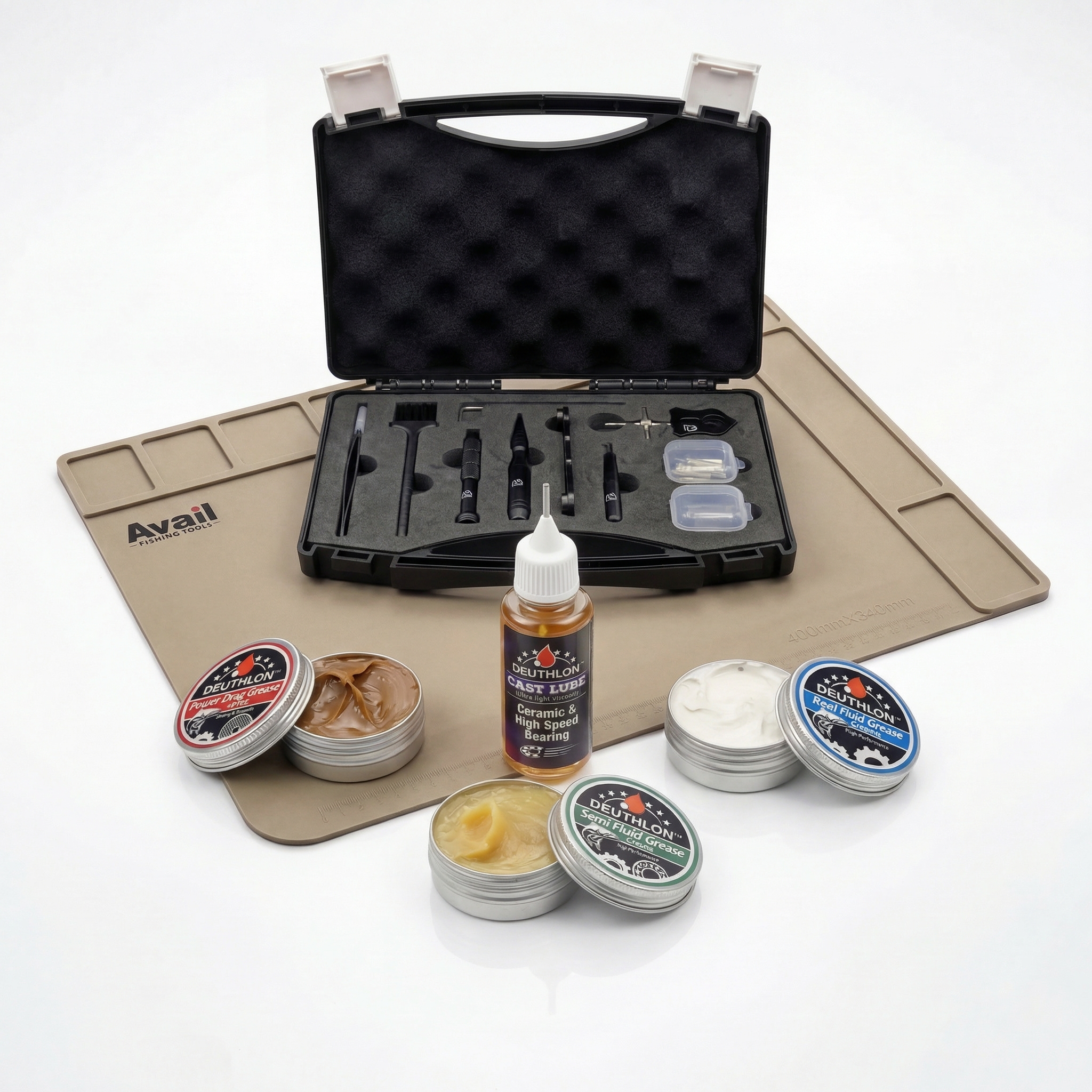 Angelrollen Wartungskit Pro Bundle mit Werkzeug Öl & Wartungsmatte – Profi Setup