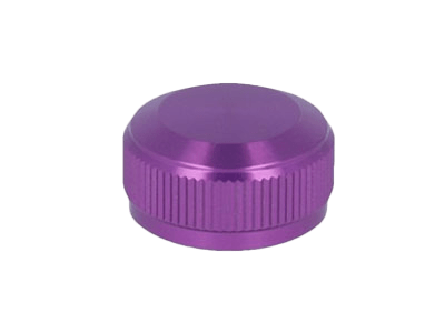 Eine kleine, runde, metallische Lila Avail Aluminum Spool Tension Knob Cap mit einer geriffelten Kante für Grip, kompatibel mit 19 SLX MGL, 20 SLX DC und 21 SLX BFS Shimano Rollen, dargestellt auf einem schlichten weißen Hintergrund.