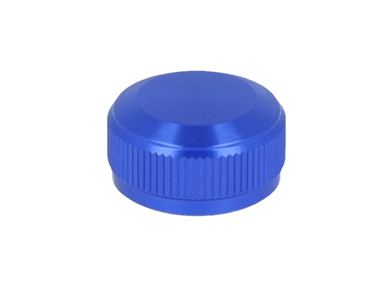 Eine blaue, runde Avail 19 SLX MGL | 20 SLX DC | 21 SLX BFS Aluminium Spool Tension Knob Cap mit strukturiertem Griff, abgebildet auf einem schlichten weißen Hintergrund.