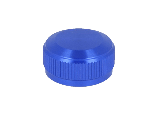 Eine blaue, runde Avail 19 SLX MGL | 20 SLX DC | 21 SLX BFS Aluminium Spool Tension Knob Cap mit strukturiertem Griff, abgebildet auf einem schlichten weißen Hintergrund.