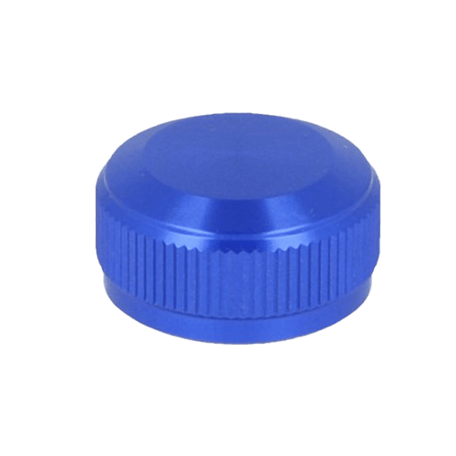 Eine blaue, runde Avail 19 SLX MGL | 20 SLX DC | 21 SLX BFS Aluminium Spool Tension Knob Cap mit strukturiertem Griff, abgebildet auf einem schlichten weißen Hintergrund.