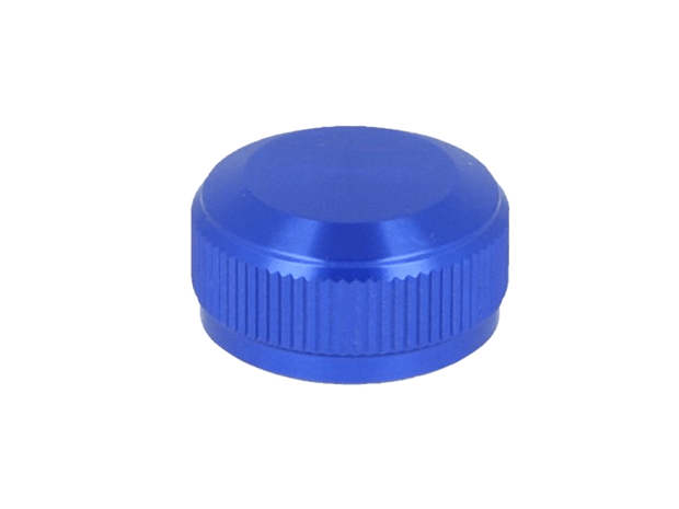 Eine blaue, runde Avail 19 SLX MGL | 20 SLX DC | 21 SLX BFS Aluminium Spool Tension Knob Cap mit strukturiertem Griff, abgebildet auf einem schlichten weißen Hintergrund.