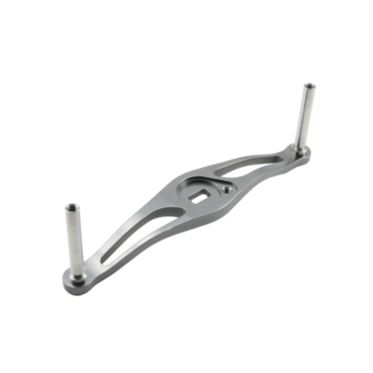Der Avail Offset Handle STi2 für Shimano 95/100/105mm in Silber ist ein Metallbügel mit einer zentralen Aussparung und zwei vertikalen zylindrischen Pfosten, ähnlich den Komponenten, die in Shimano Systemen für engagierte Angler verwendet werden.