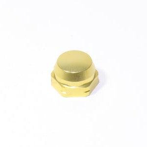 Eine goldene Avail Shimano Griffmutter M7 für Original Shimano Kurbeln, sechseckig mit einer glatten, flachen Oberseite, hergestellt aus haltbarem Aluminium A2017, abgebildet auf einem schlichten weißen Hintergrund.