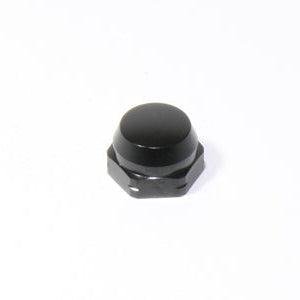 Eine kleine, schwarze Avail Shimano Griffmutter M7 (Schwarz) für original Shimano Kurbeln ist auf einem einfarbig weißen Hintergrund abgebildet.