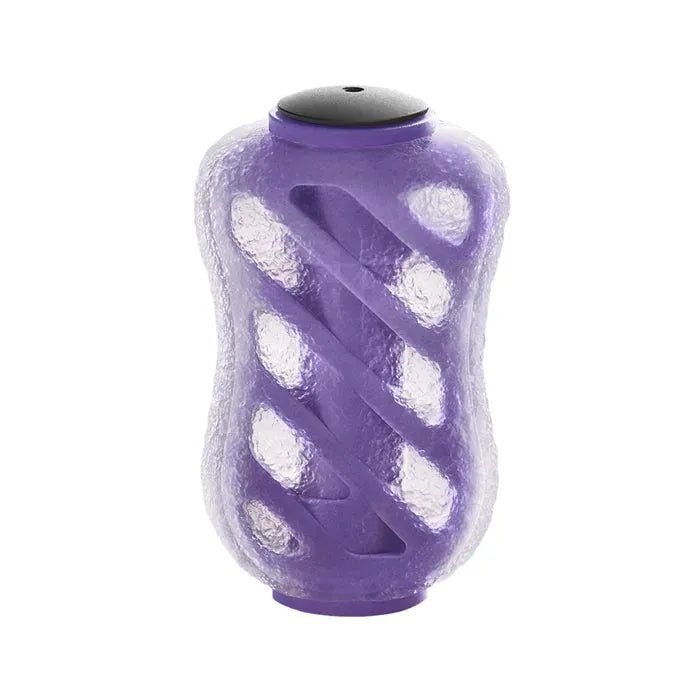 Ein lilafarbener Gomexus 20 mm Finesse Touch Knob TPE mit strukturiertem zylindrischem Design, Spiralrillen und schwarzen runden Enden, der einem Kurbelknauf für eine Angelrolle ähnelt, ist vor einem schlichten weißen Hintergrund abgebildet.