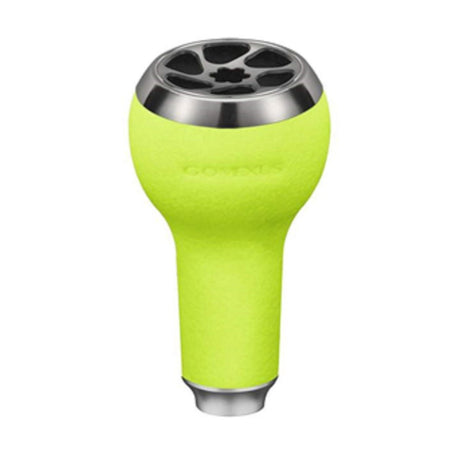 Der Gomexus 27 mm Touch Knob TPE von Gomexus verfügt über ein limettengrünes, langlebiges TPE-Gehäuse mit Ober- und Unterseite aus Metall, einer strukturierten Oberfläche und einer abgerundeten Form, die sich zur Basis hin verjüngt.