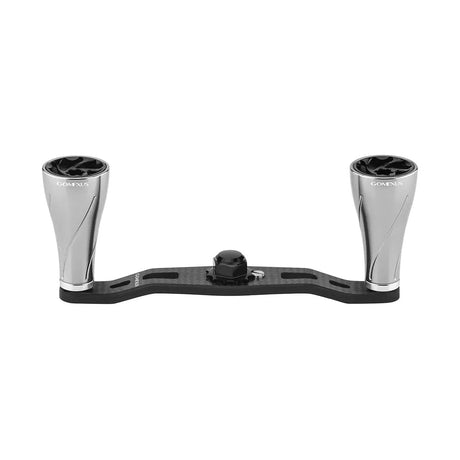 Ein Gomexus 95mm Carbon Handle mit A20P Knobs in Silber ist vor weißem Hintergrund zu sehen. Der Markenname Gomexus steht auf beiden Knöpfen.