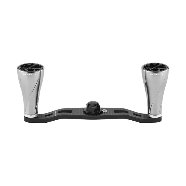 Ein Gomexus 95mm Carbon Handle mit A20P Knobs in Silber ist vor weißem Hintergrund zu sehen. Der Markenname Gomexus steht auf beiden Knöpfen.
