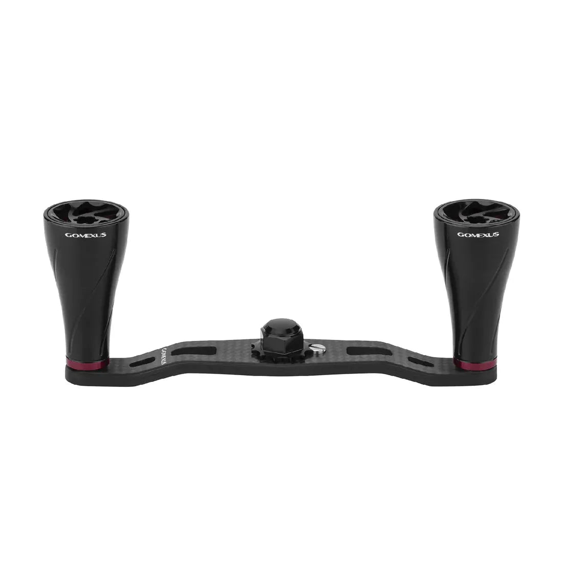 Ein roter Gomexus 95mm Carbon Griff mit A20P Knobs, hergestellt aus TORAY-Carbon mit gebogenen Griffen mit weißem GOMEXUS Branding und einer zentralen Befestigung für eine sichere Rollenmontage.