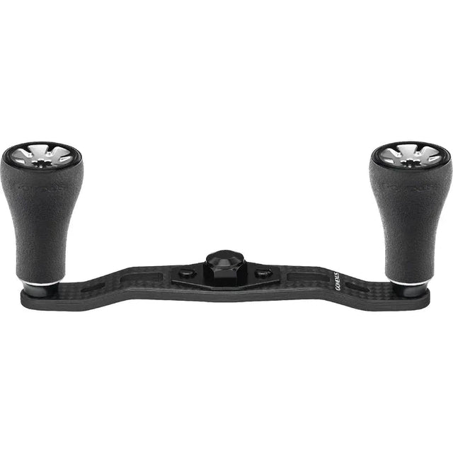 Der Gomexus 95mm Carbon Griff mit P20 Knobs ist ein silberner Angelrollengriff mit texturierten P20 Knobs und einem zentralen Befestigungspunkt, hergestellt aus Kohlefaser.