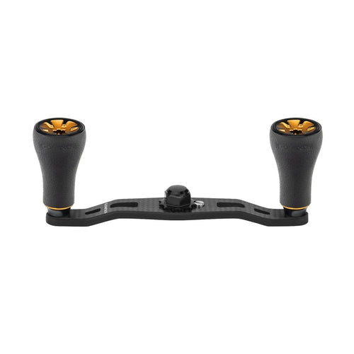 Der Gomexus 95mm Carbon Handle mit P20 Knobs, in Gold, verfügt über zwei strukturierte P20 Knobs aus umweltfreundlichem TPE-Material und ist auf einer Carbonbasis montiert, die auf weißem Hintergrund abgebildet ist.