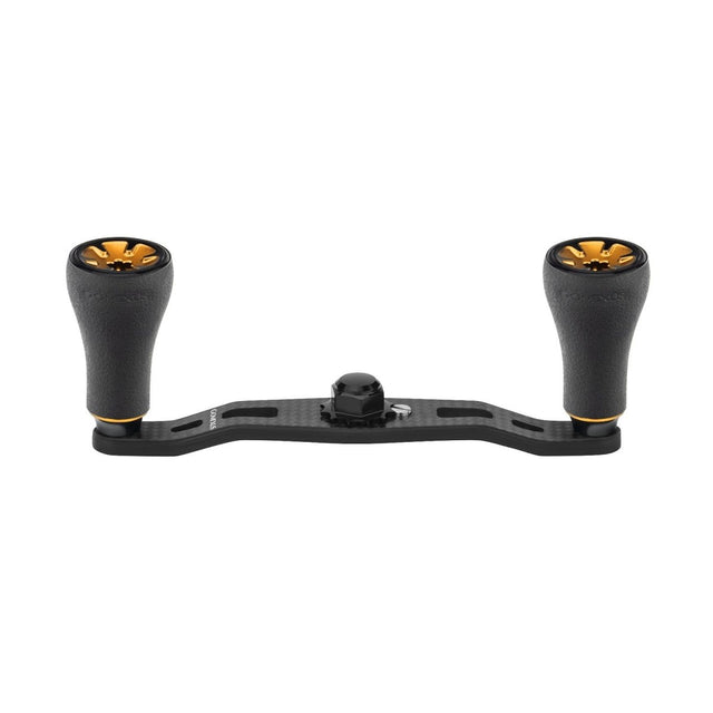Der Gomexus 95mm Carbon Handle mit P20 Knobs, in Gold, verfügt über zwei strukturierte P20 Knobs aus umweltfreundlichem TPE-Material und ist auf einer Carbonbasis montiert, die auf weißem Hintergrund abgebildet ist.