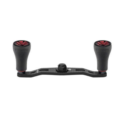 Der Gomexus 95mm Carbon Handle mit P20 Knobs von Gomexus verfügt über rote P20 Knobs auf einer schwarzen Metallplatte mit einem zentralen Befestigungspunkt.