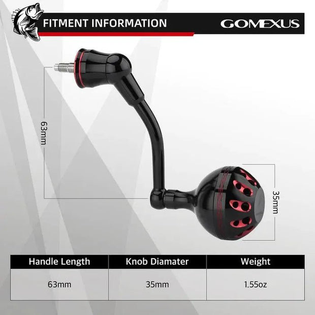 Der Gomexus Aluminium-Griff für Shimano Vanford von Gomexus in Schwarz und Rot mit Power Knob hat eine Grifflänge von 63 mm, einen Knaufdurchmesser von 35 mm und wiegt 425 g. Er ist auf einem beschrifteten Hintergrund abgebildet.