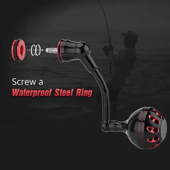Der Gomexus Aluminium-Griff für Shimano Vanford von Gomexus, abgebildet in Schwarz und Rot mit Power Knob, Schraube, wasserdichtem Stahlring und Unterlegscheibe in einer Explosionszeichnung. Im Hintergrund ist eine Person beim Angeln zu sehen. Text: Schraube einen wasserdichten Stahlring an.