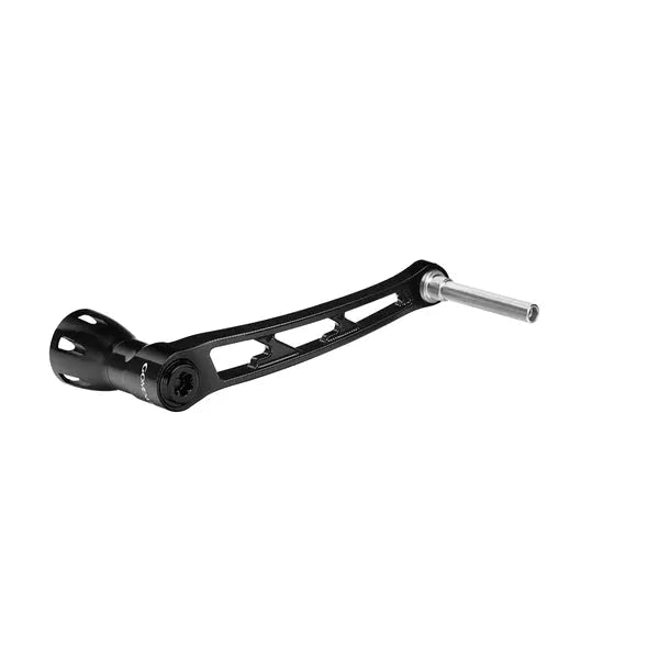 Der Gomexus Aluminiumgriff für Stationärrollen (68 mm, ohne Knöpfe) ist ein schwarzer L-förmiger Metallhebel mit einem zylindrischen Aluminiumende und einer gegenüberliegenden dünnen Stange, abgebildet vor einem weißen Hintergrund.