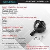 Das Produktinformationsblatt für den Gomexus Aluminum Reel Power Knob 45-47 mm | Typ B zeigt die direkte Passform für ausgewählte Shimano-Rollen, listet andere kompatible Modelle auf und vermerkt die Bohranforderungen. Kontaktieren Sie uns unten bei Fragen.