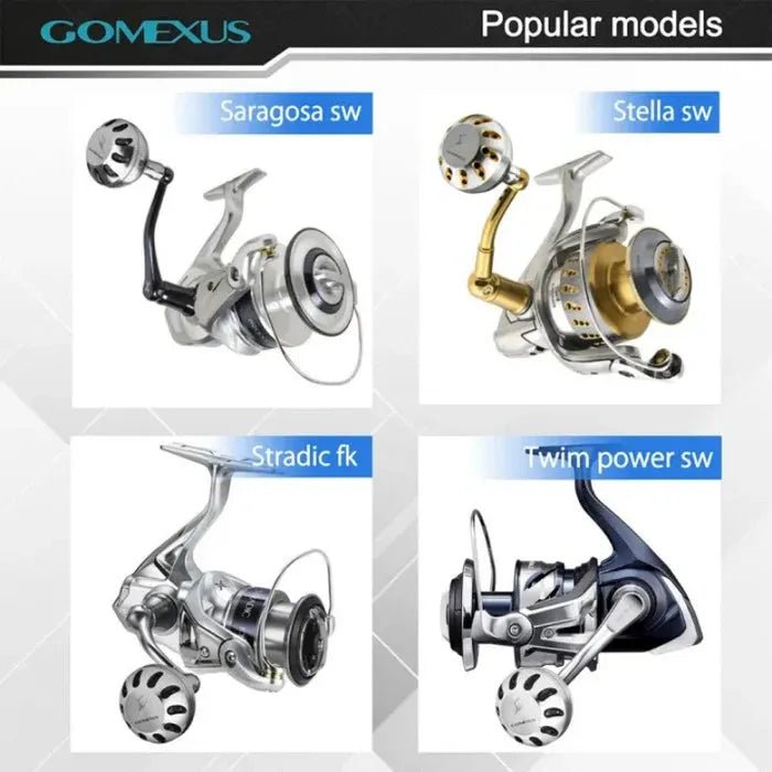 Eine Vergleichstabelle zeigt vier Angelrollen - Saragosa SW, Stella SW, Stradic FK und Twin Power SW - in separaten Boxen und hebt die Modelle mit dem Gomexus Aluminum Reel Power Knob 45-47 mm | Typ B für Angler deutlich hervor.