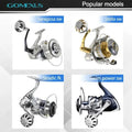 Eine Vergleichstabelle zeigt vier Angelrollen - Saragosa SW, Stella SW, Stradic FK und Twin Power SW - in separaten Boxen und hebt die Modelle mit dem Gomexus Aluminum Reel Power Knob 45-47 mm | Typ B für Angler deutlich hervor.