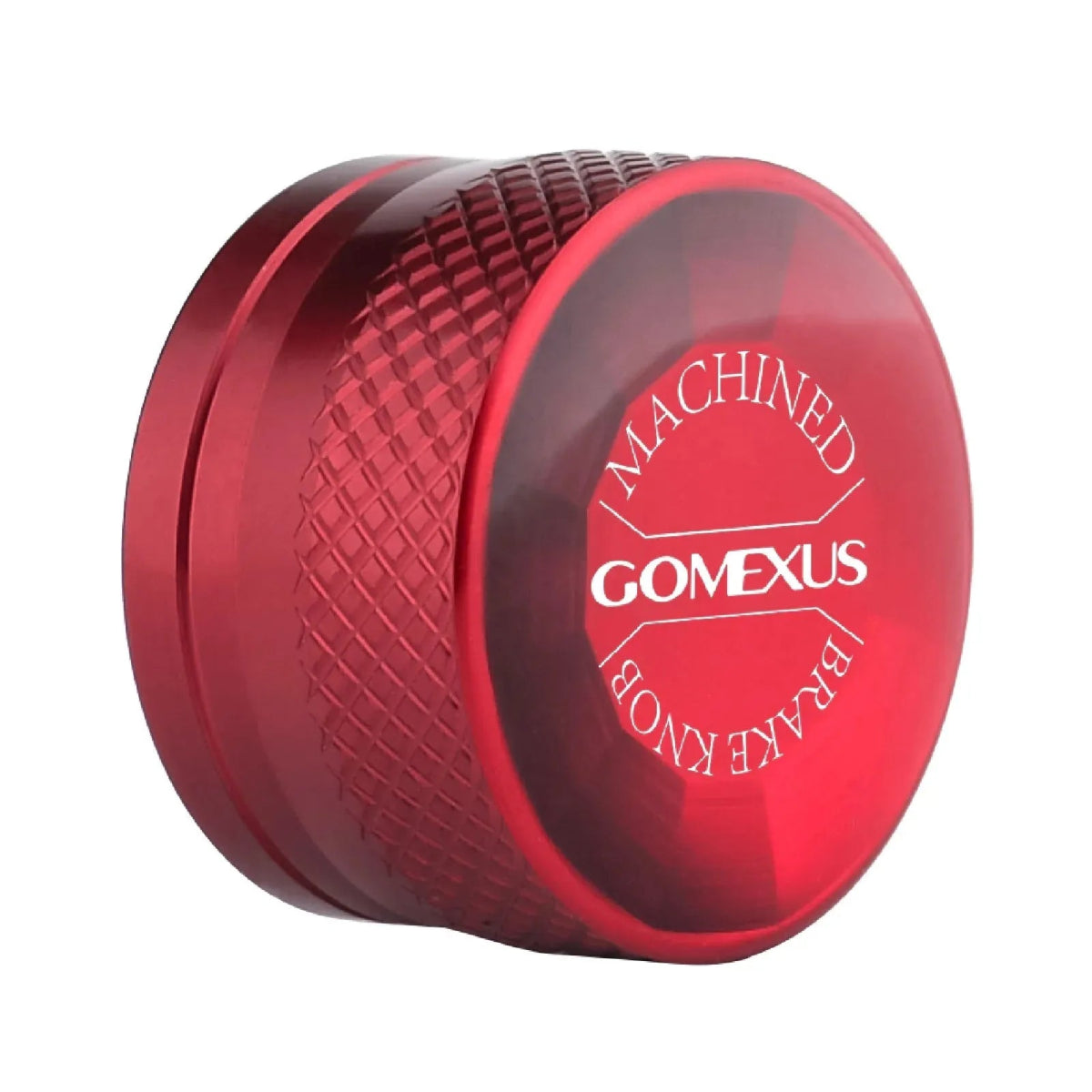 Die Gomexus Aluminium Spool Tension Knob Cap in Rot ist eine rote Metallkappe für Daiwa Tatula Baitcaster mit dem Aufdruck GOMEXUS und Machined Brake Knob in Weiß auf der Oberseite.