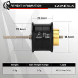 Die Gomexus-Aluminiumspule für Daiwa Tatula TW 80 hat eine Breite von 22,2 mm, eine Höhe von 28,4 mm und einen Golddurchmesser von 31,8 mm, wiegt 6,8 g, unterstützt Ködergewichte von 2–7 g und passt für PE0.8-Schnüre bis zu 50 m.