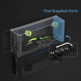 Eine transparente Verpackung zeigt einen grün-schwarzen Gomexus Camo Carbon-Griff 95 mm mit 27 mm TPE-Knöpfen (8 x 5 mm). Im Lieferumfang sind L-förmiges Werkzeug, Schrauben und Unterlegscheiben enthalten. Hier finden Sie die mitgelieferten Teile.