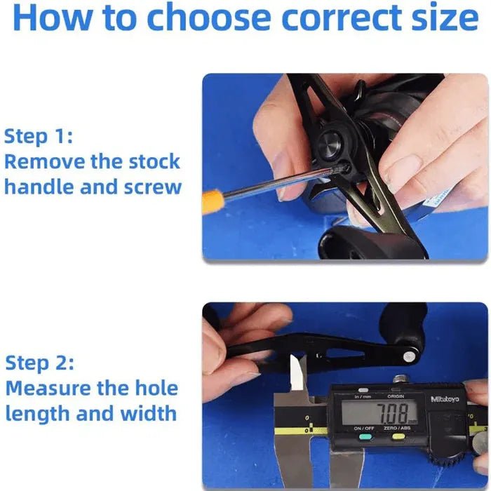 Bild zur Anleitung: Schritt 1 zeigt eine Hand, die eine Schraube aus einem Gomexus Carbon 105 mm Griff mit 27 mm Kork Knobs entfernt; Schritt 2 zeigt einen digitalen Messschieber, der die Länge und Breite des Lochs im Griff misst. Marke: Gomexus.