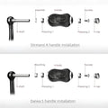 Zwei Diagramme zeigen Explosionszeichnungen der Gomexus Carbon Forged F22 Knopf Installation auf Shimano A und Daiwa S Griffe, die Kennzeichnung jedes Teil: Welle, Scheibe oder Buchse, Edelstahlkugellager Lager 1, Körper, Lager 2, Schraube und Kappe. Die Anordnung variiert je nach Modell.
