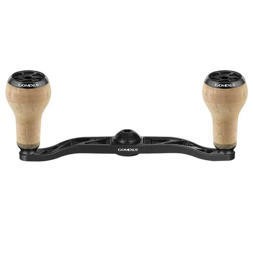 A Gomexus Kurbel 100mm Handgriff mit 27 mm Kork-Knobs (8x5mm) in Schwarz mit zwei hellbraunen Kork-Knobs, abgebildet vor weißem Hintergrund.