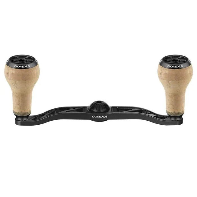 A Gomexus Kurbel 100mm Handgriff mit 27 mm Kork-Knobs (8x5mm) in Schwarz mit zwei hellbraunen Kork-Knobs, abgebildet vor weißem Hintergrund.